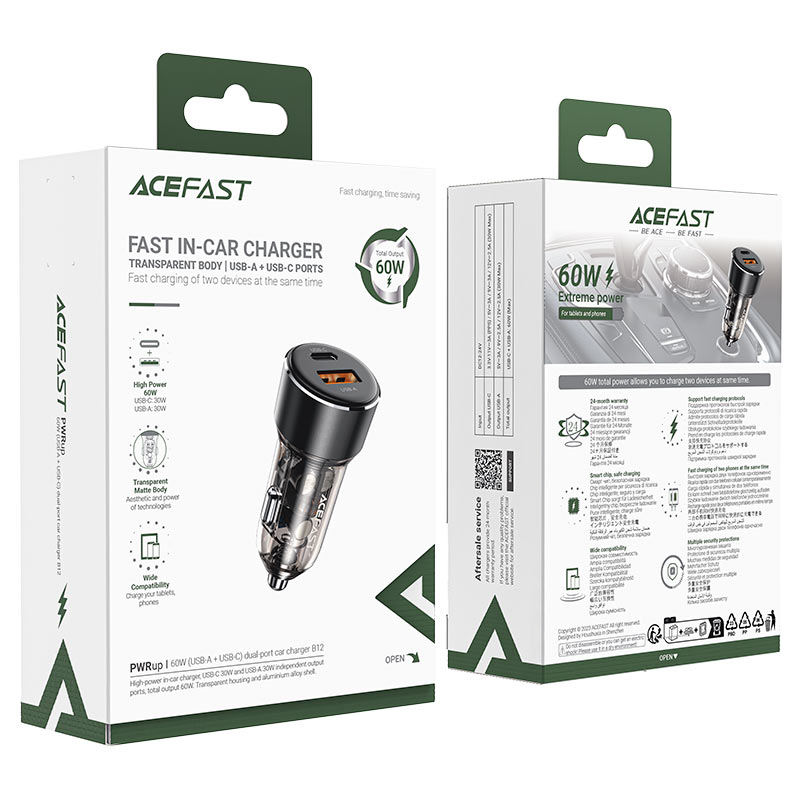 AceFast 60W USB-C + USB-A Transparent Car Charger - MFI Approved